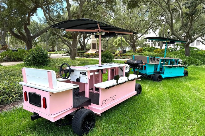 Two pedal-powered pink and blue carts with seats and umbrellas on grass.