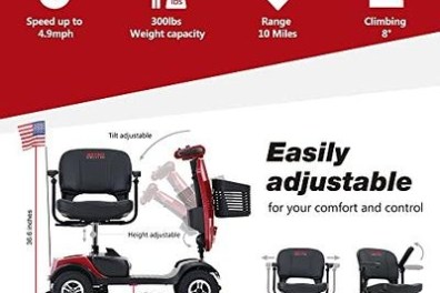 Red mobility scooter features and specifications with an American flag.