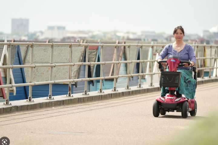 Person on a motorized scooter riding on a bridge.