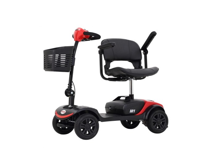 Red and black mobility scooter with a basket on the front.