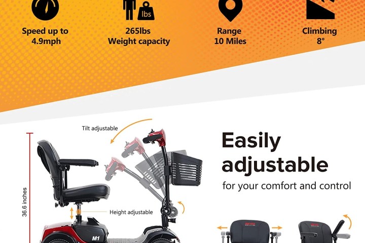 Metro Mobility scooter features and specifications infographic.