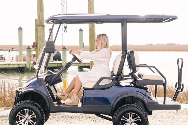 Woman sitting in a blue golf cart near a waterfront.